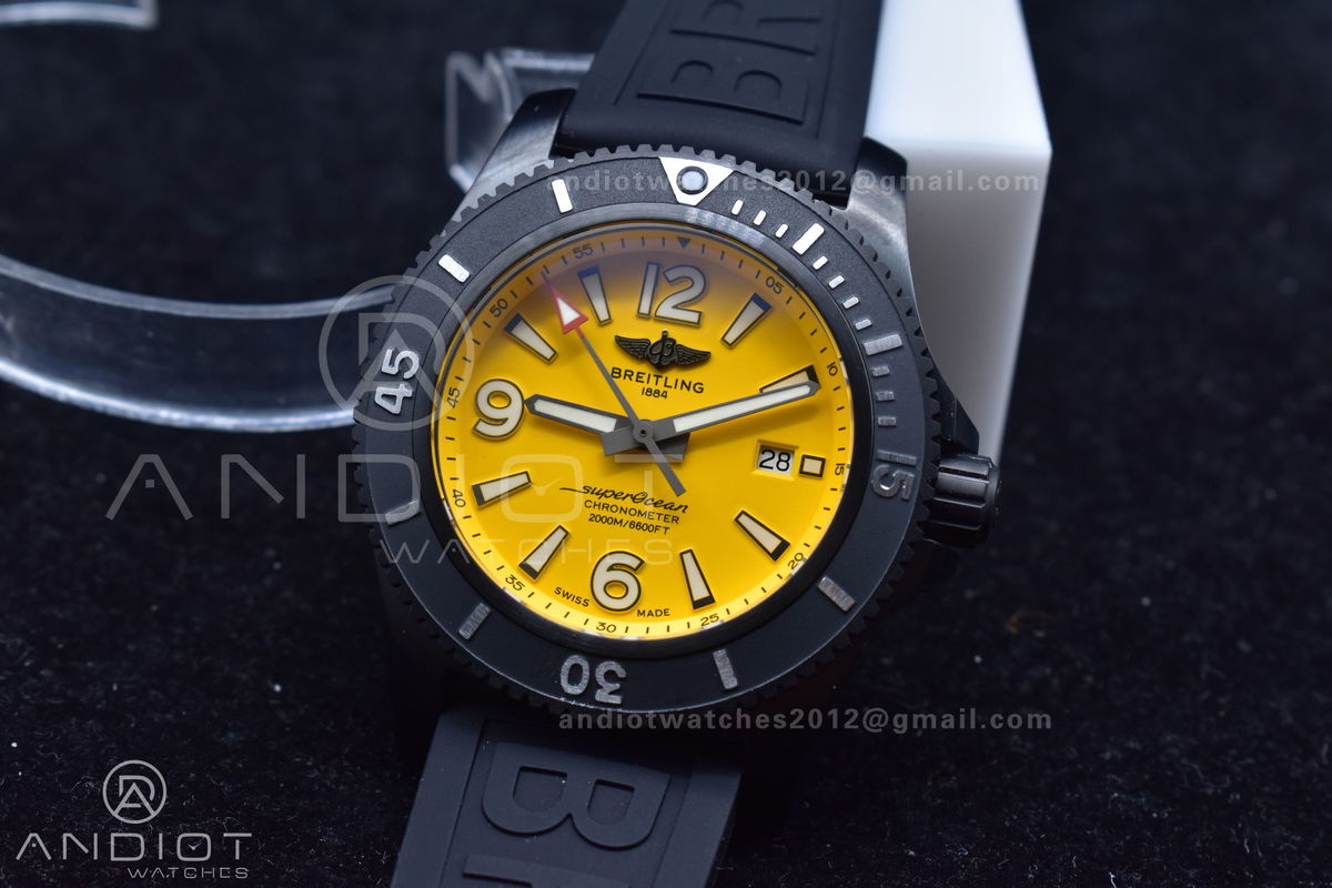 Superocean Automatic 44 TF 1:1 Best Edition Yellow Dial Black Bezel on Black Rubber Strap A2824
